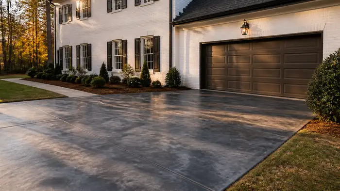 Acid-stained concrete floor in charcoal and blue-grey marbled tones at a painted-white-brick two-story home in Lawrenceville, GA, in late afternoon light.