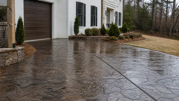 A roller applies sealer to a stamped patio surface. at a painted-white-brick two-story home in Lawrenceville, GA, after a rain shower.