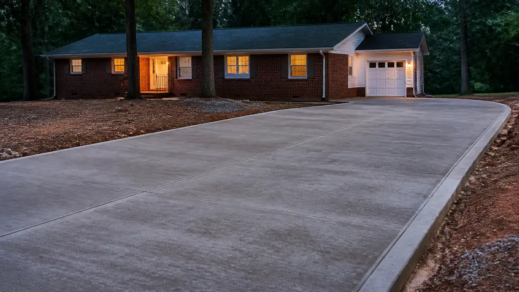 cement installation completed by a local contractor at a red-brick ranch home in Lawrenceville, GA, at blue hour.