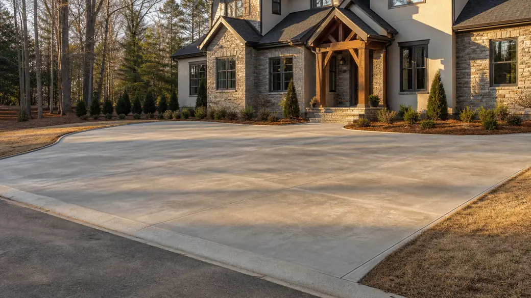 commercial concrete construction completed by a local contractor at a stacked-stone and stucco home in Lawrenceville, GA, in late afternoon light.