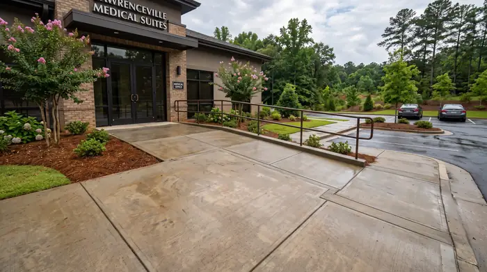 Concrete entry walk and ADA ramp at a medical office building in Lawrenceville, GA, after a rain shower.