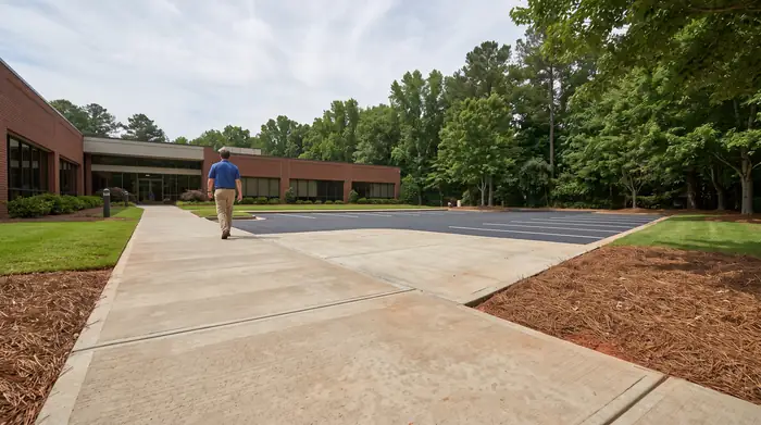Concrete walkway and entry paving at a suburban office building in Lawrenceville, GA, under bright midday cloud.