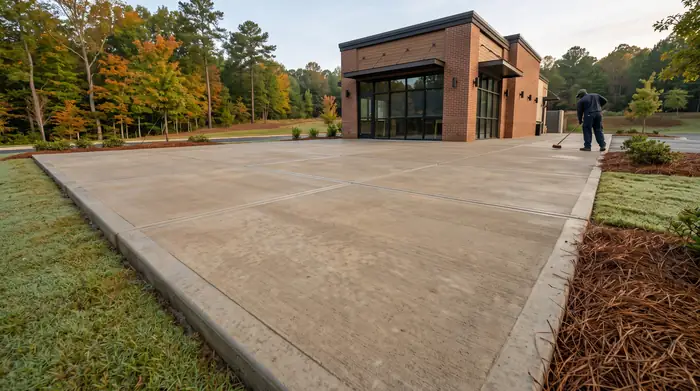 Concrete patio slab and service apron behind a restaurant in Lawrenceville, GA, in early morning light.