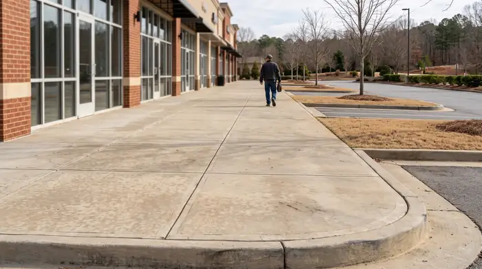 Concrete sidewalk and parking-lot island paving at a retail center in Lawrenceville, GA, under bright midday cloud.
