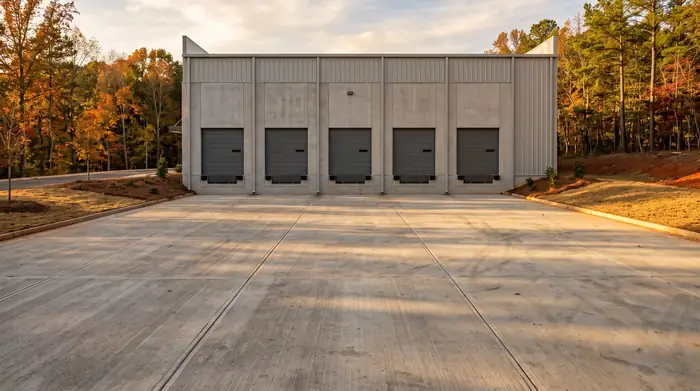 Concrete loading dock apron and truck pad at a distribution building in Lawrenceville, GA, in late afternoon light.