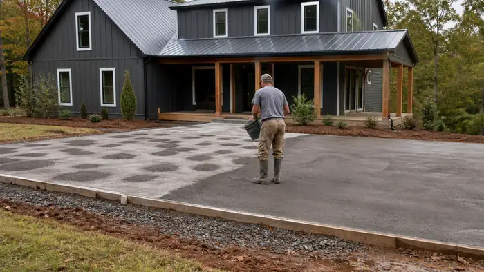 Dry-shake colour hardener being broadcast onto fresh concrete at a charcoal farmhouse-modern home in Lawrenceville, GA, after a rain shower.