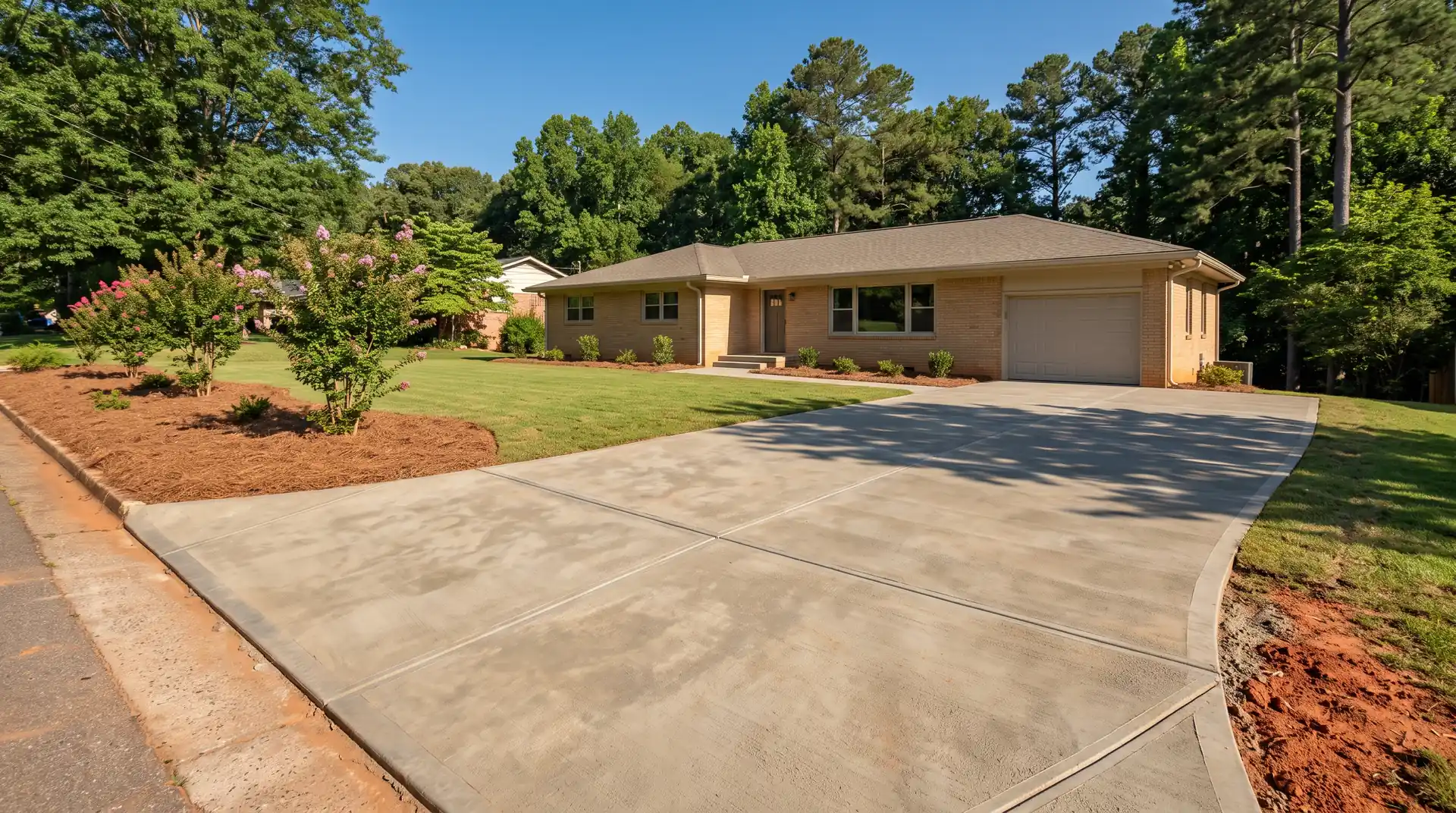 Wide view of finished concrete flatwork across the front of a home at a buff-brick ranch home in Lawrenceville, GA, in clear late-morning sun.