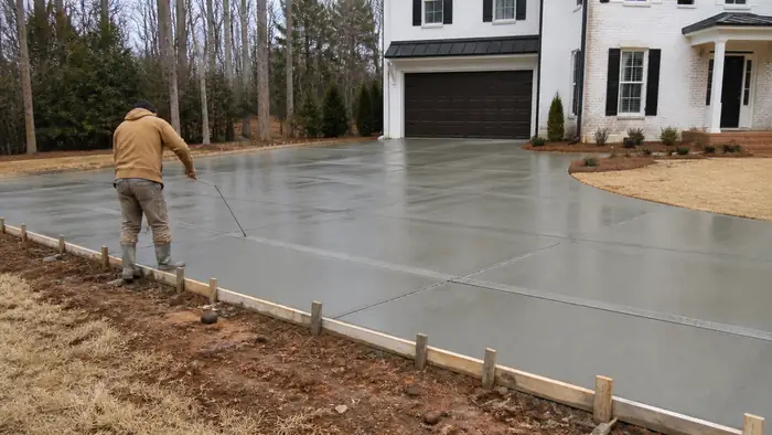 Control joints cut into a new slab the day after the pour at a painted-white-brick two-story home in Lawrenceville, GA, after a rain shower.