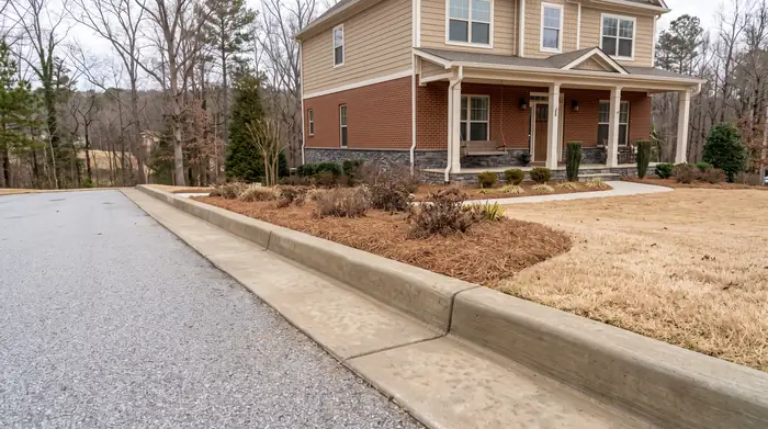 Poured concrete curbing with a rolled profile along a driveway edge at a brick-and-siding two-story home in Lawrenceville, GA, under bright midday cloud.