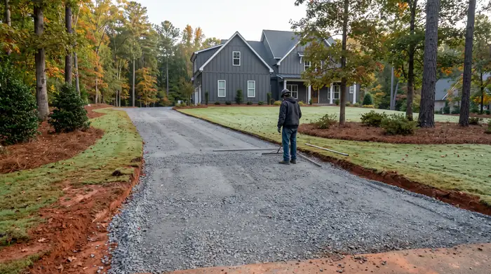 Broken-out concrete removed and the base rebuilt before a new pour at a charcoal farmhouse-modern home in Lawrenceville, GA, in early morning light.