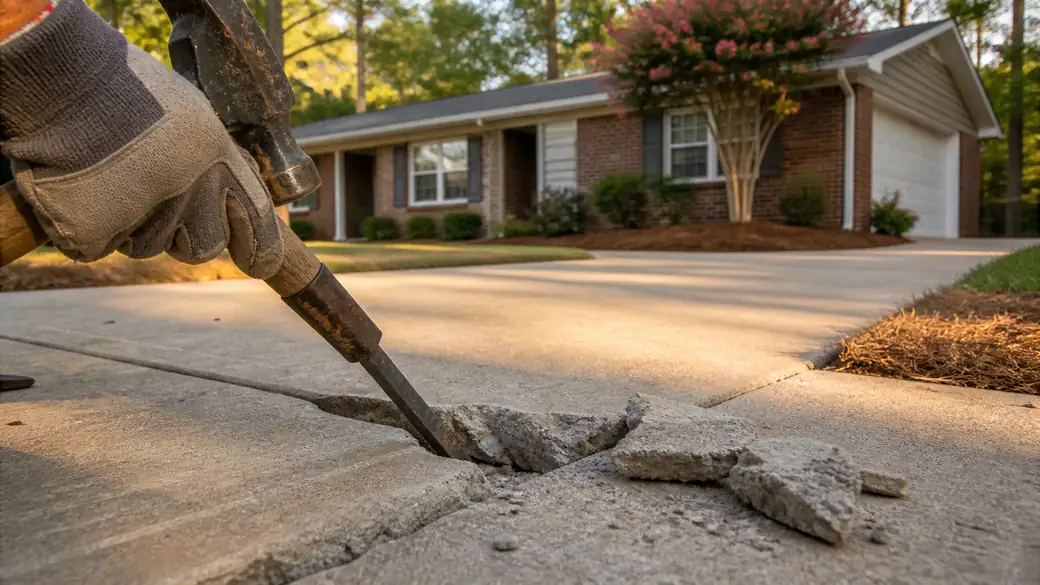 concrete driveway crack repair completed by a local contractor at a red-brick ranch home in Lawrenceville, GA, in late afternoon light.