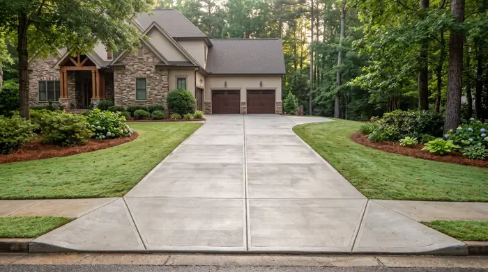 Broom-finished concrete driveway running up to a two-car garage at a stacked-stone and stucco home in Lawrenceville, GA, in early morning light.