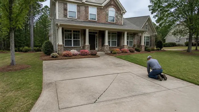 Cracked driveway panel cut out and marked for repair at a brick-and-siding two-story home in Lawrenceville, GA, under bright midday cloud.