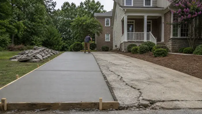 Old driveway broken out with a new concrete pour underway beside it at a brick-and-siding two-story home in Lawrenceville, GA, under bright midday cloud.