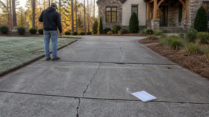Existing driveway measured and marked before it is replaced at a stacked-stone and stucco home in Lawrenceville, GA, in early morning light.