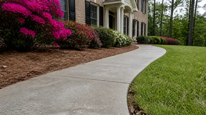 Low concrete edging strip along a mulched garden bed at a tan-brick colonial in Lawrenceville, GA, under an overcast sky.