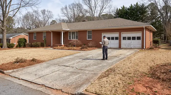 Concrete driveway and walk at a home, the kind of job an estimate covers at a red-brick ranch home in Lawrenceville, GA, under bright midday cloud.