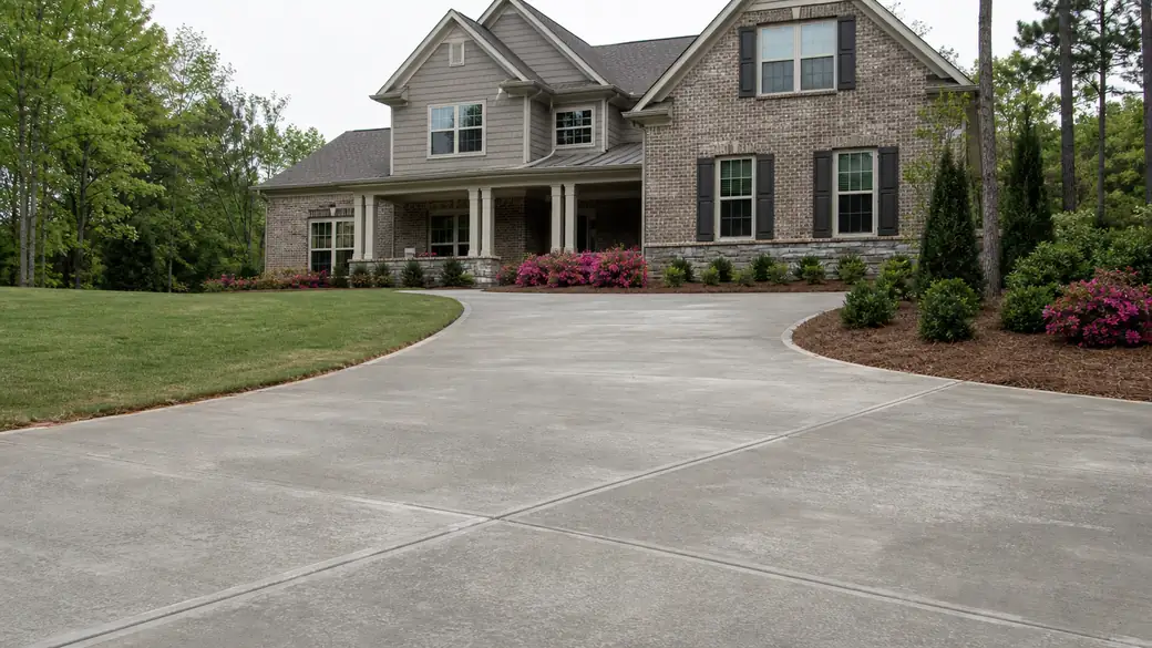 concrete expansion joint installation completed by a local contractor at a brick-and-siding two-story home in Lawrenceville, GA, under an overcast sky.