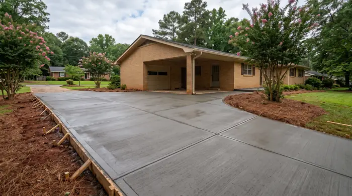 Freshly finished concrete slab curing under a clean broom texture at a buff-brick ranch home in Lawrenceville, GA, after a rain shower.