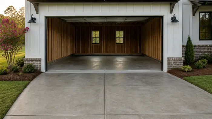 New concrete garage floor slab troweled smooth in an unfinished garage in Lawrenceville, GA, in early morning light.