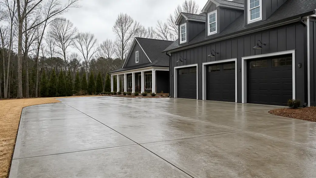 concrete flooring installation completed by a local contractor at a charcoal farmhouse-modern home in Lawrenceville, GA, after a rain shower.