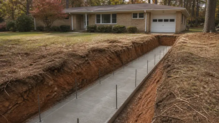 Concrete footing poured at the base of an excavated trench, dowels set at a buff-brick ranch home in Lawrenceville, GA, under bright midday cloud.