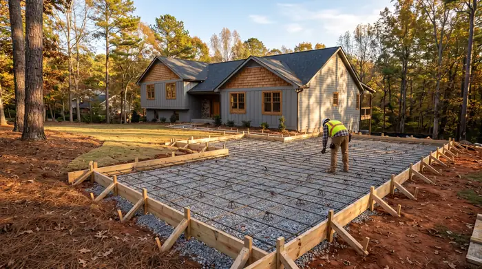 Wooden forms and rebar grid set and tied, ready for concrete at a grey split-level home in Lawrenceville, GA, in late afternoon light.