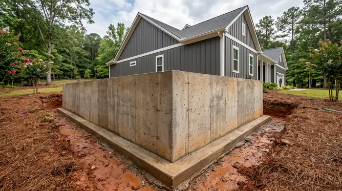 Poured concrete foundation wall and footing for a room addition at a charcoal farmhouse-modern home in Lawrenceville, GA, after a rain shower.