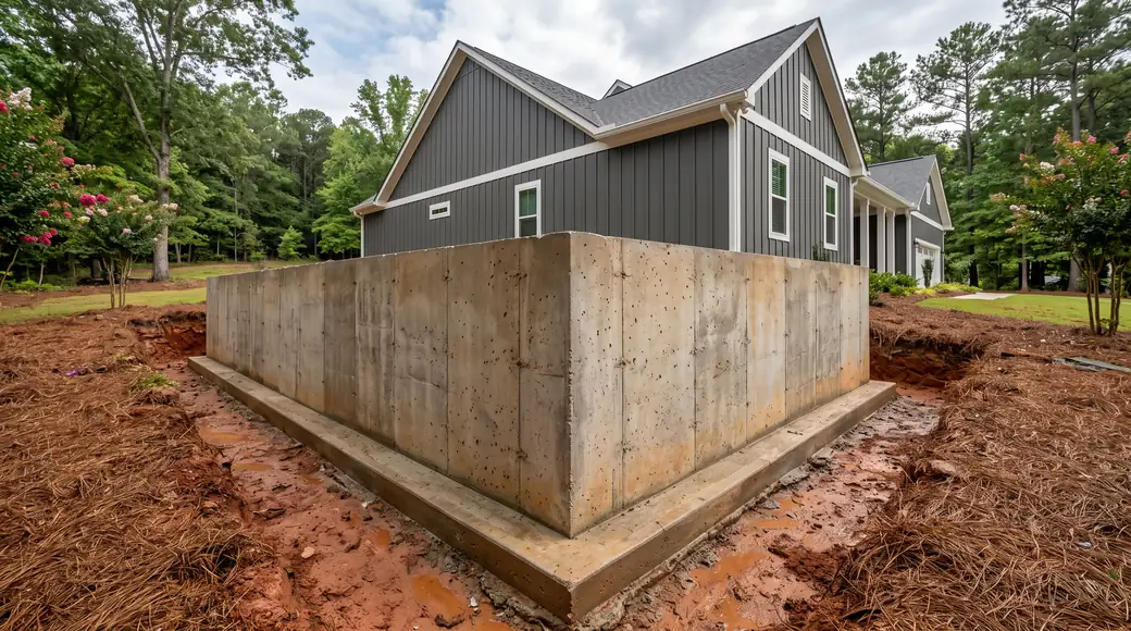 Poured concrete foundation wall and footing for a room addition at a charcoal farmhouse-modern home in Lawrenceville, GA, after a rain shower.