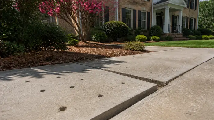 Sunken concrete slab with small drill holes for leveling at a tan-brick colonial in Lawrenceville, GA, in clear late-morning sun.