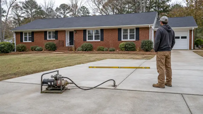 Slab-jacking pump lifting a sunken concrete slab back level at a red-brick ranch home in Lawrenceville, GA, under an overcast sky.