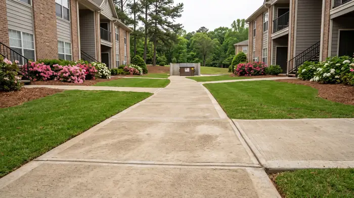 Concrete sidewalk network between buildings at an apartment community in Lawrenceville, GA, under an overcast sky.