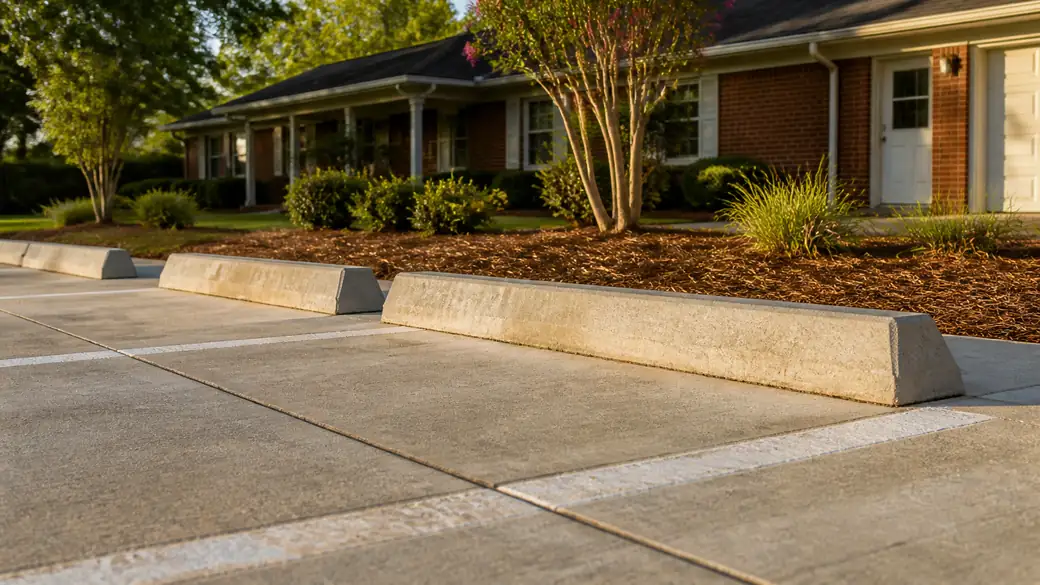 concrete parking lot construction completed by a local contractor at a red-brick ranch home in Lawrenceville, GA, in late afternoon light.