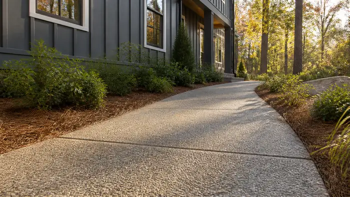 Narrow exposed-aggregate concrete garden path bordered by plantings at a charcoal farmhouse-modern home in Lawrenceville, GA, in late afternoon light.