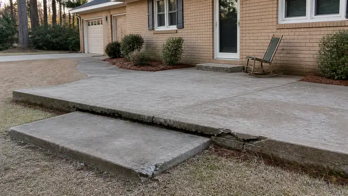 Worn back patio and steps of the kind a written estimate prices at a buff-brick ranch home in Lawrenceville, GA, in early morning light.