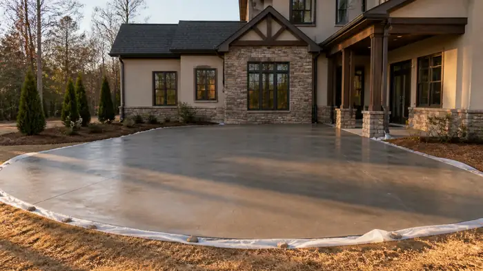 Freshly poured concrete patio still curing under plastic sheeting at a stacked-stone and stucco home in Lawrenceville, GA, in late afternoon light.