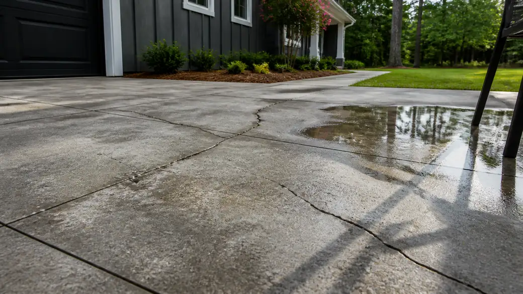 concrete patio repair completed by a local contractor at a charcoal farmhouse-modern home in Lawrenceville, GA, under an overcast sky.