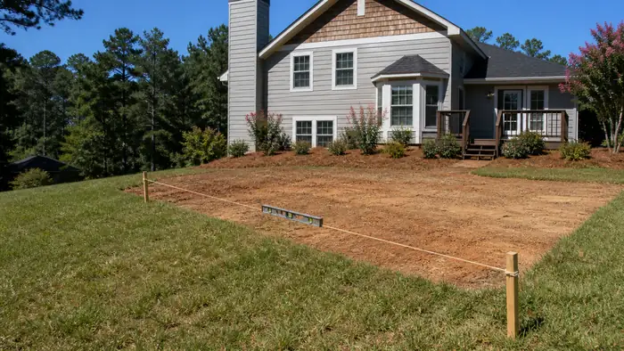 Backyard grade checked with a level and string before a patio pour at a grey split-level home in Lawrenceville, GA, in clear late-morning sun.