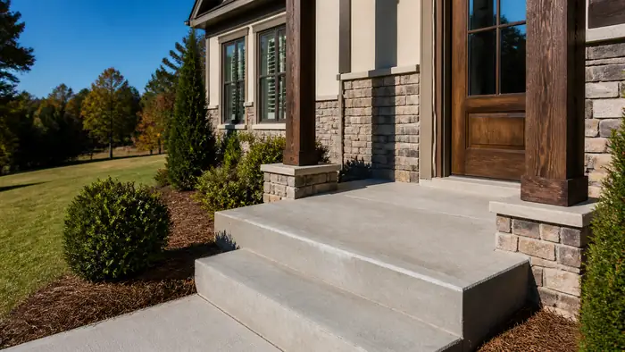 Small concrete front porch slab with a tooled edge at a stacked-stone and stucco home in Lawrenceville, GA, in clear late-morning sun.