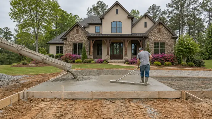 Concrete being poured and screeded across a formed slab at a stacked-stone and stucco home in Lawrenceville, GA, under bright midday cloud.
