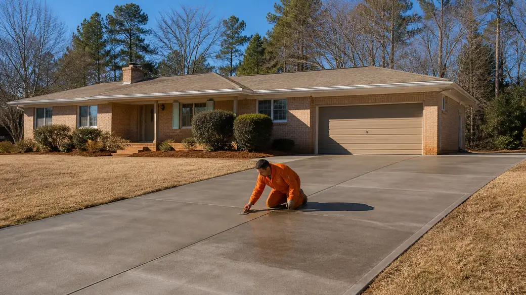 concrete repair and resurfacing completed by a local contractor at a buff-brick ranch home in Lawrenceville, GA, in clear late-morning sun.