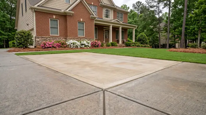 Replaced concrete driveway panel with clean saw-cut edges at a brick-and-siding two-story home in Lawrenceville, GA, under an overcast sky.