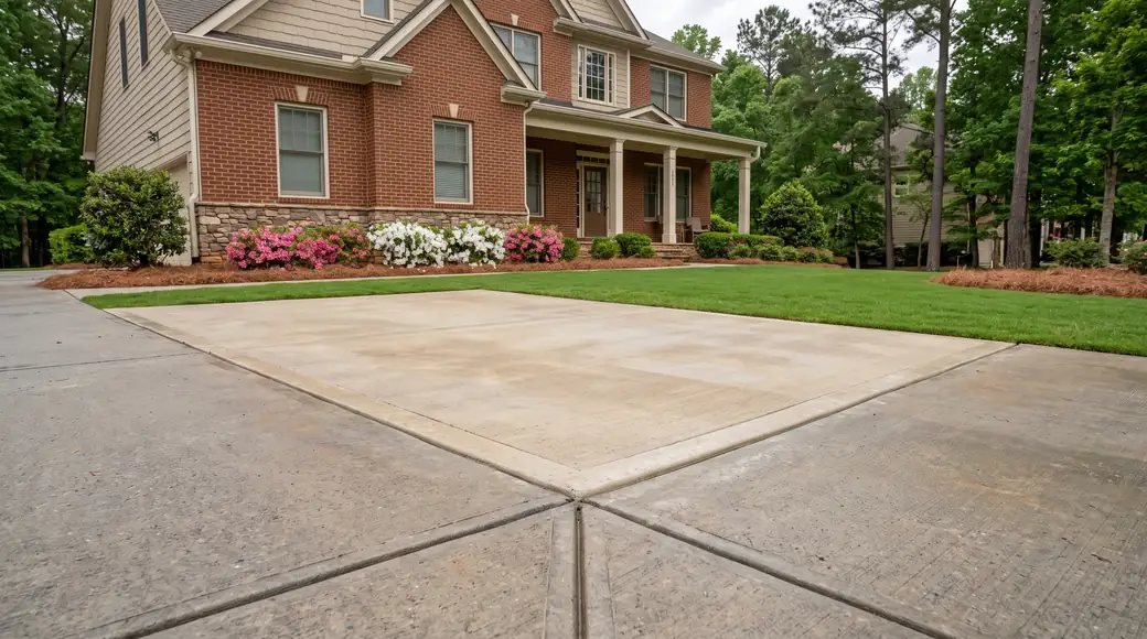 Replaced concrete driveway panel with clean saw-cut edges at a brick-and-siding two-story home in Lawrenceville, GA, under an overcast sky.