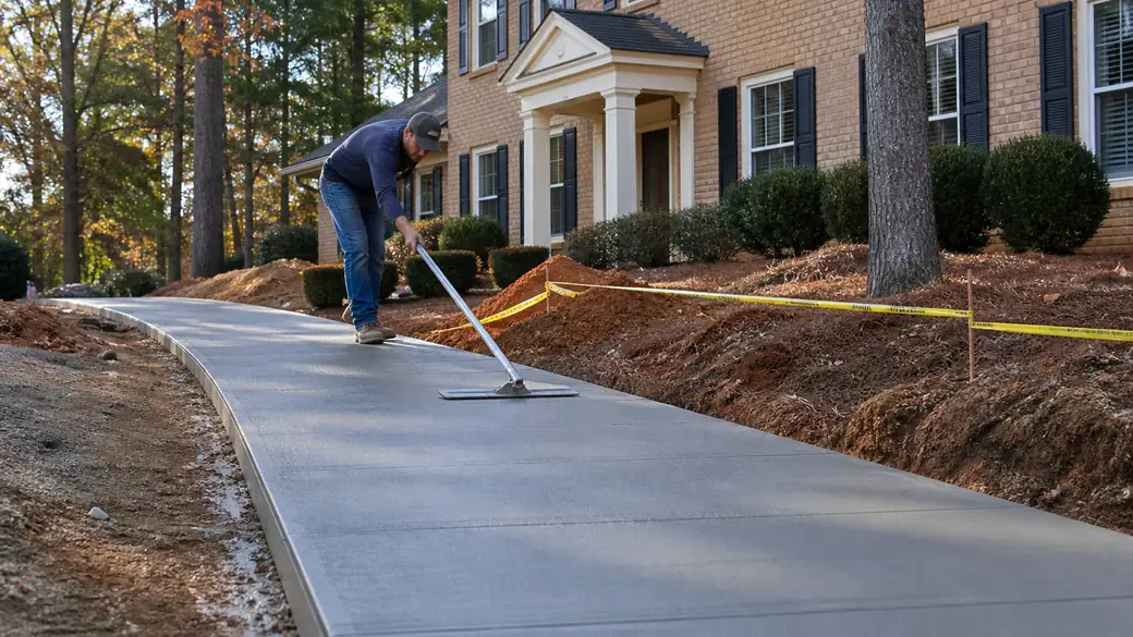 concrete repair services completed by a local contractor at a tan-brick colonial in Lawrenceville, GA, under low winter sun.
