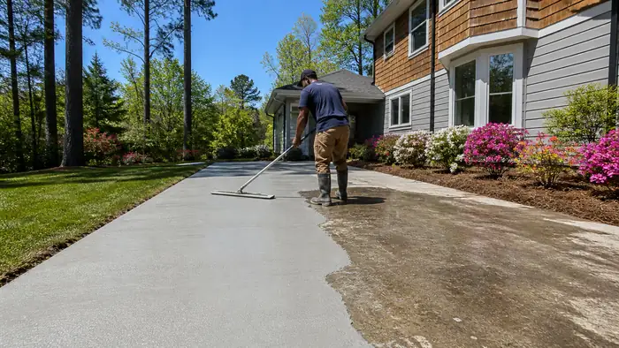 Thin concrete overlay being troweled onto an old worn slab at a grey split-level home in Lawrenceville, GA, in clear late-morning sun.