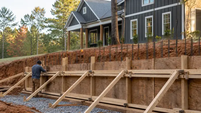 Retaining wall forms and reinforcing steel set before the pour at a charcoal farmhouse-modern home in Lawrenceville, GA, in early morning light.