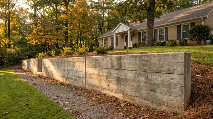 Board-formed concrete retaining wall holding a raised lawn at a tan-brick colonial in Lawrenceville, GA, in late afternoon light.