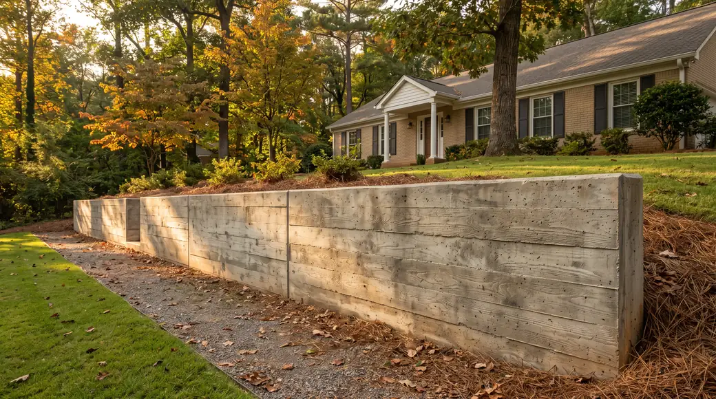 Board-formed concrete retaining wall holding a raised lawn at a tan-brick colonial in Lawrenceville, GA, in late afternoon light.