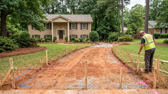 String lines and grade stakes laid out across a yard before a pour at a tan-brick colonial in Lawrenceville, GA, under bright midday cloud.