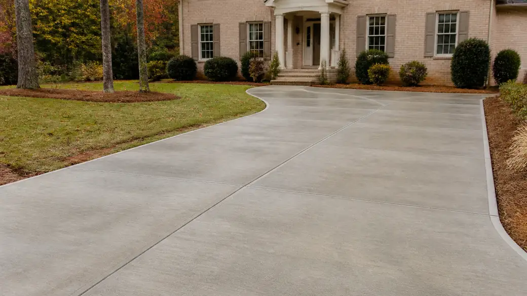 concrete slab installation completed by a local contractor at a tan-brick colonial in Lawrenceville, GA, under bright midday cloud.
